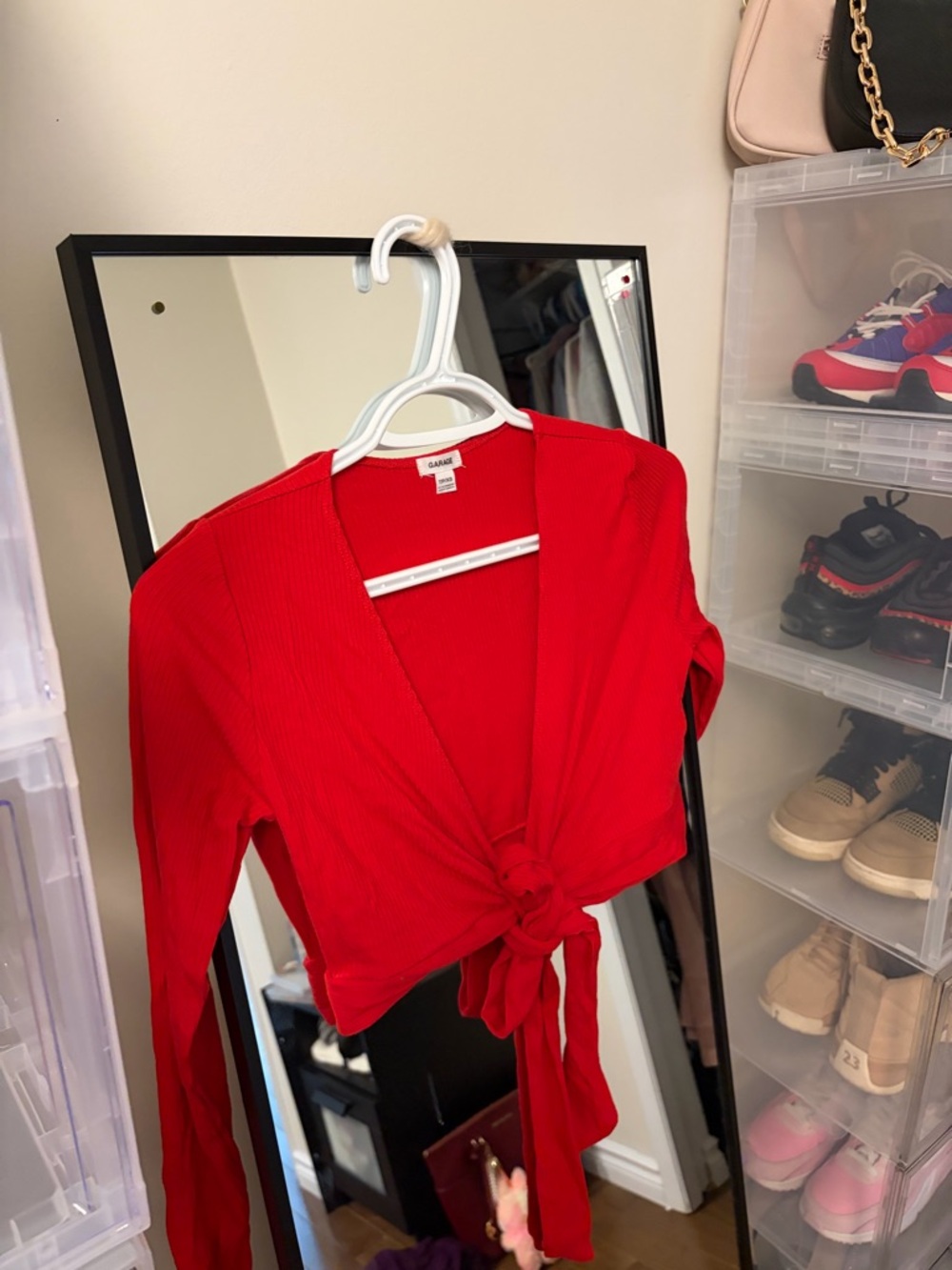 Garage Red Ribbed Tie-Front Long Sleeve Crop Top